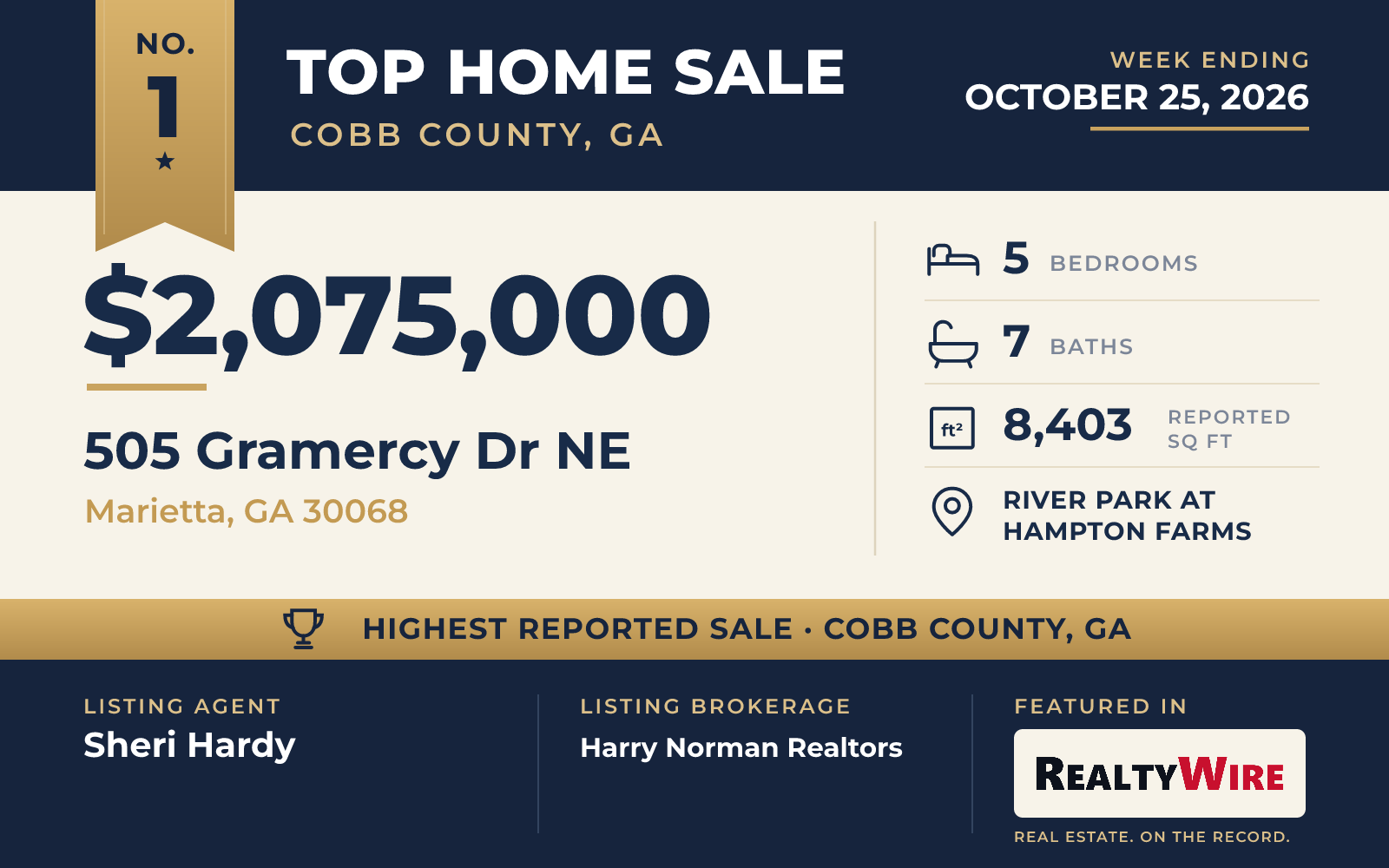 Top home sale No. 1 in Cobb County, Georgia β 505 Gramercy Dr NE, Marietta, Georgia, week ending October 25, 2026