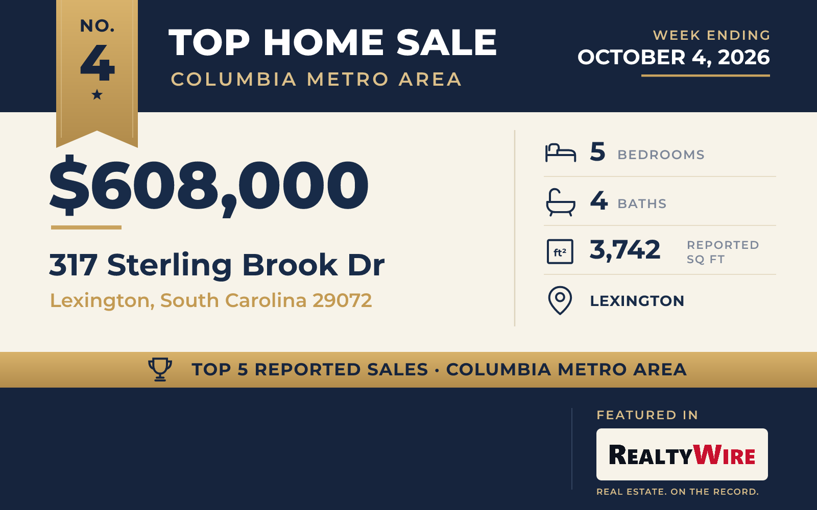 Top home sale No. 4 in the Columbia, South Carolina metro area — 317 Sterling Brook Dr, Lexington, South Carolina, week ending October 4, 2026