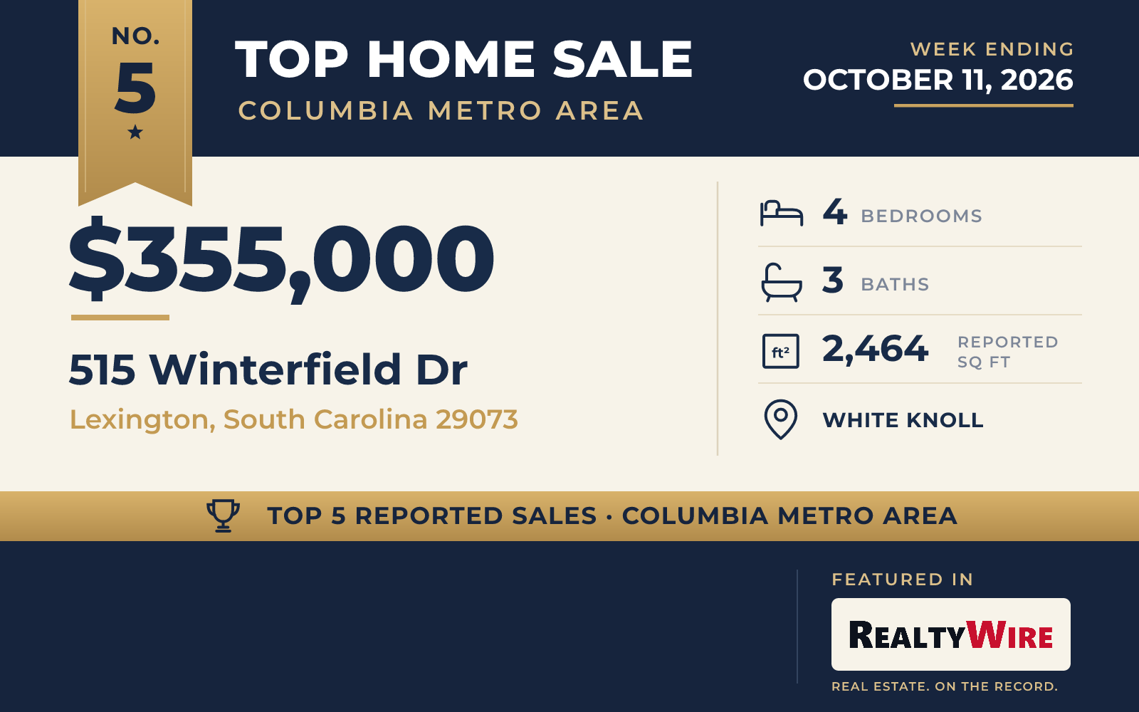 Top home sale No. 5 in the Columbia metro area β 515 Winterfield Dr, Lexington, South Carolina, week ending October 11, 2026