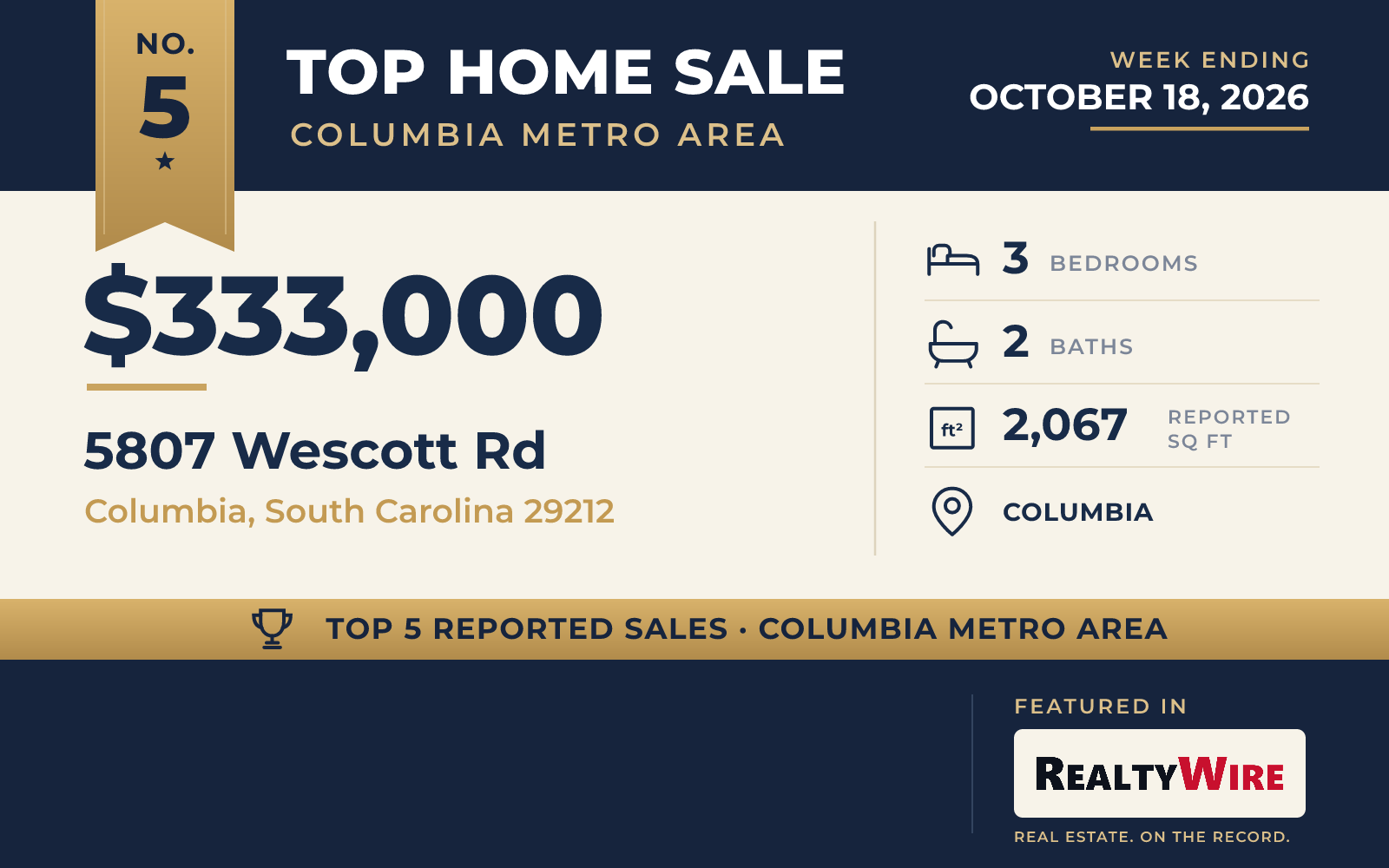 Top home sale No. 5 in the Columbia metro area — 5807 Wescott Rd, Columbia, South Carolina, week ending October 18, 2026