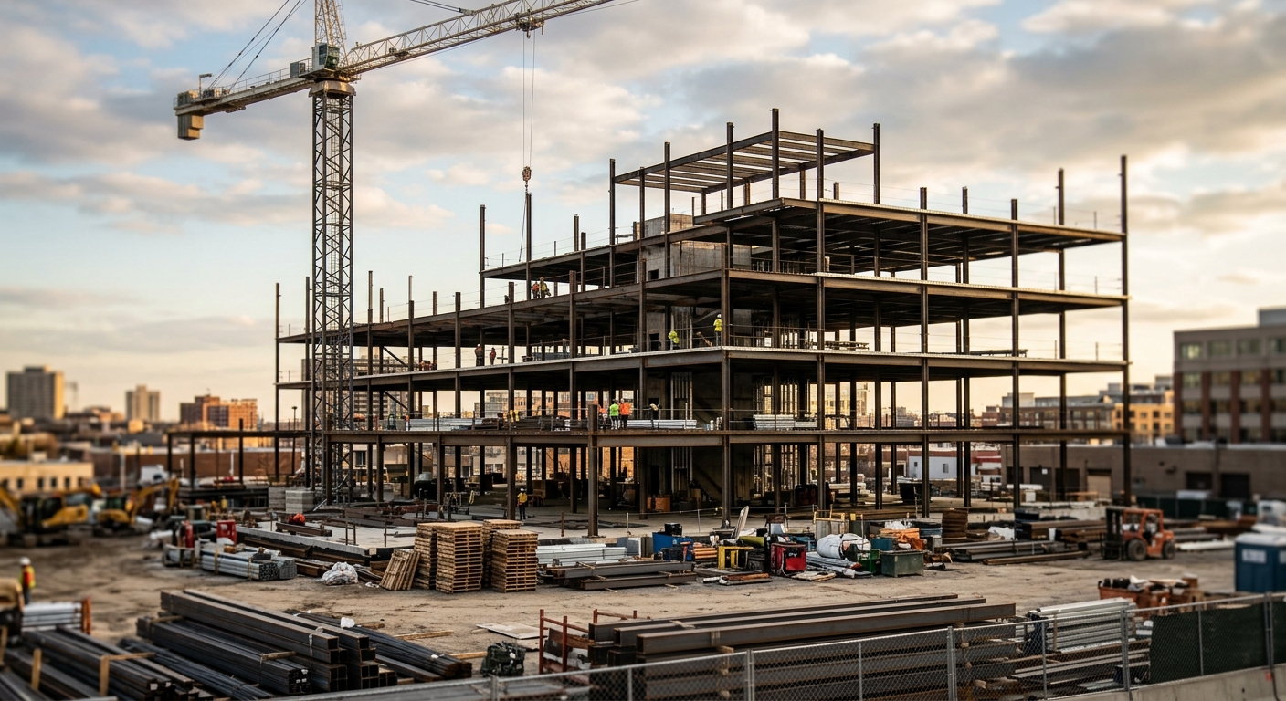 A steel-frame commercial building under construction with a tower crane overhead in late afternoon light.