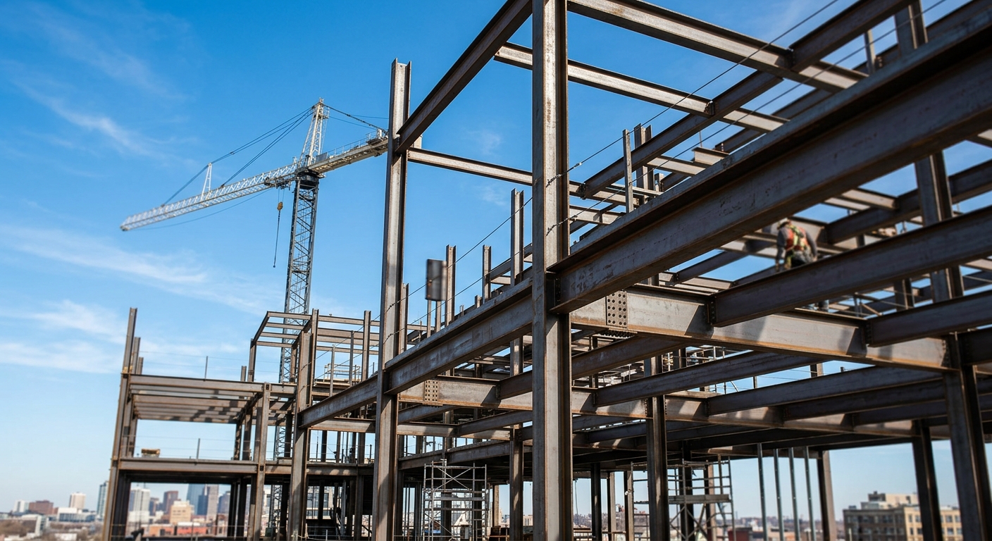 Steel beams and structural framing of a building under construction with a tower crane against a blue sky.