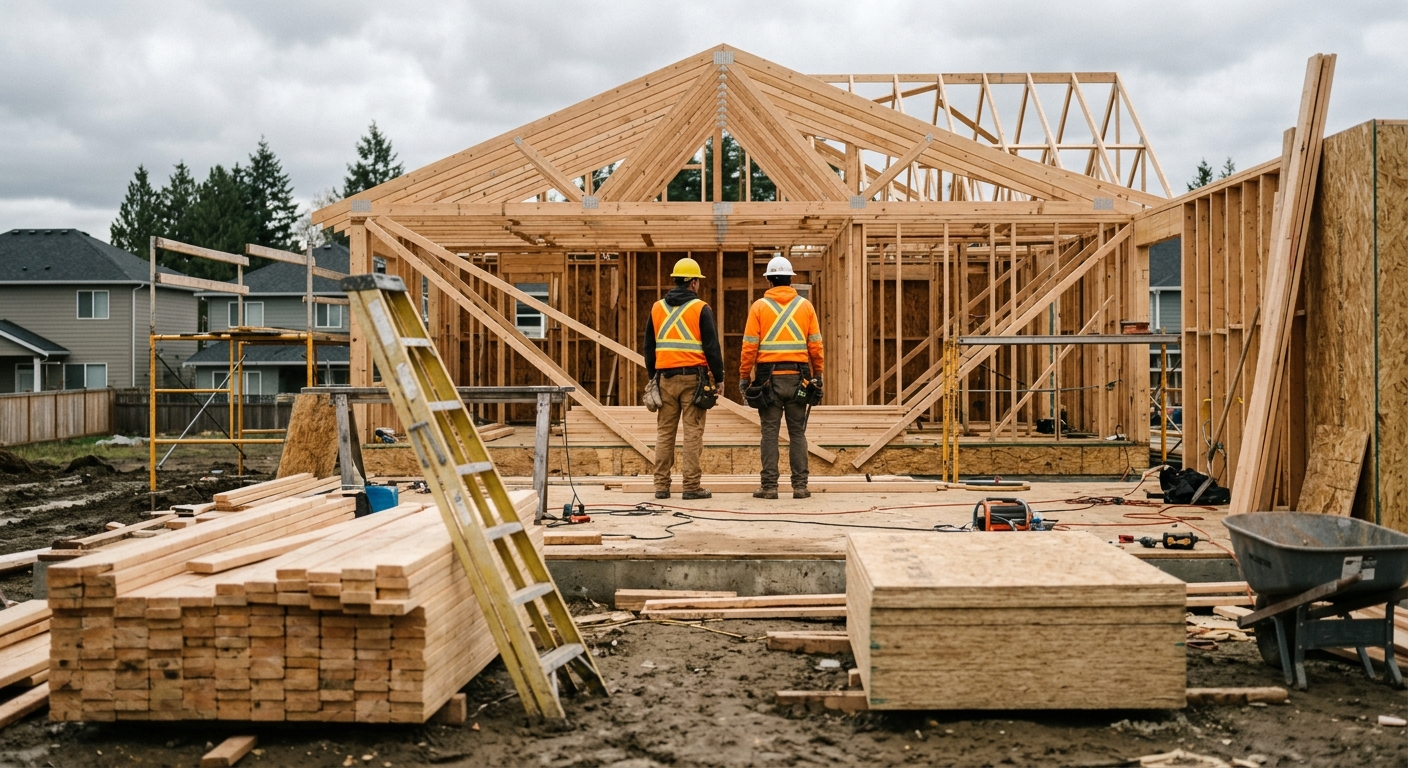 Two construction workers in hard hats seen from behind on the framed second floor of a wood-frame house under construction.