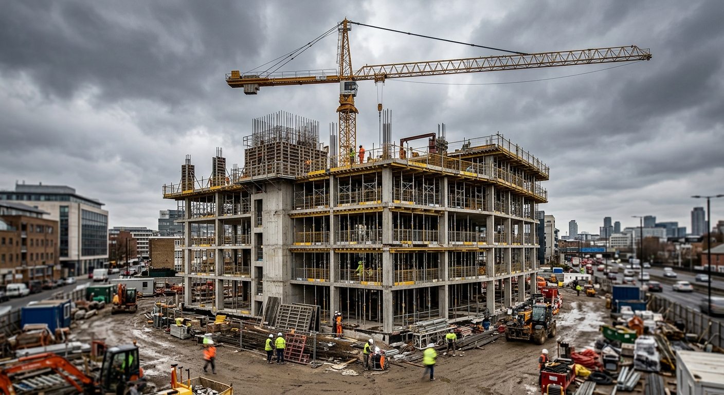 A partially completed concrete and steel mid-rise building under construction with a tower crane overhead.