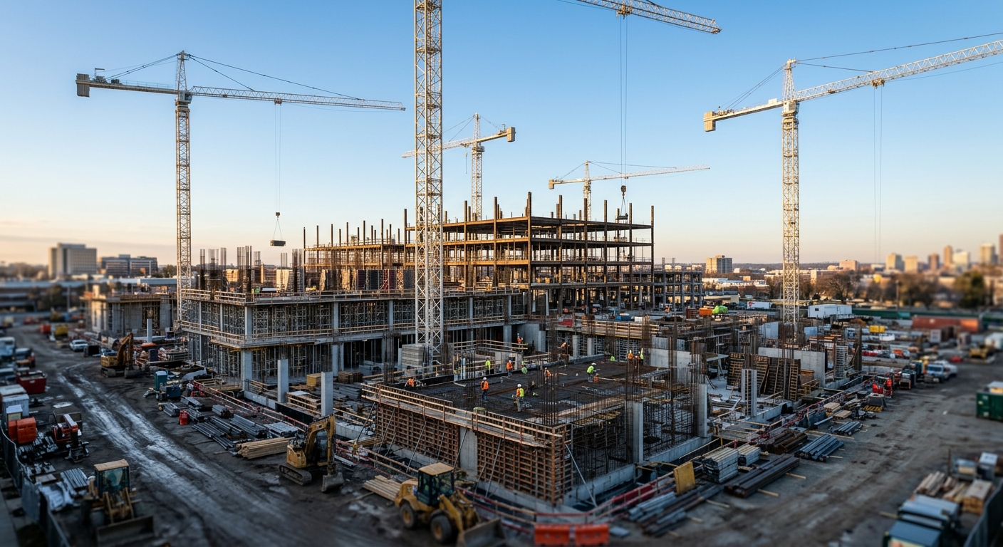Tower cranes rise over steel framing at a large commercial construction site in early morning light.