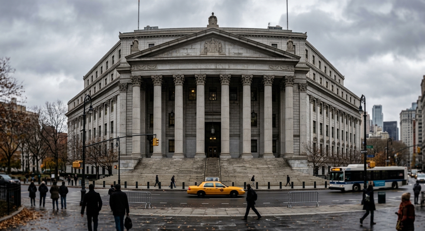 Stone columns and steps at the entrance of a federal courthouse building on an overcast morning.