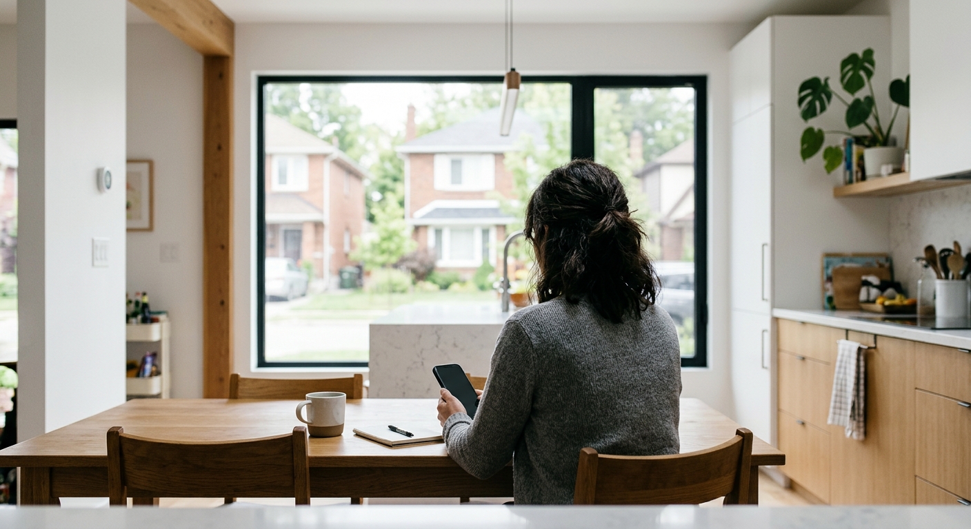 A person seen from behind at a kitchen table holding a smartphone, with a suburban neighborhood visible through the window.