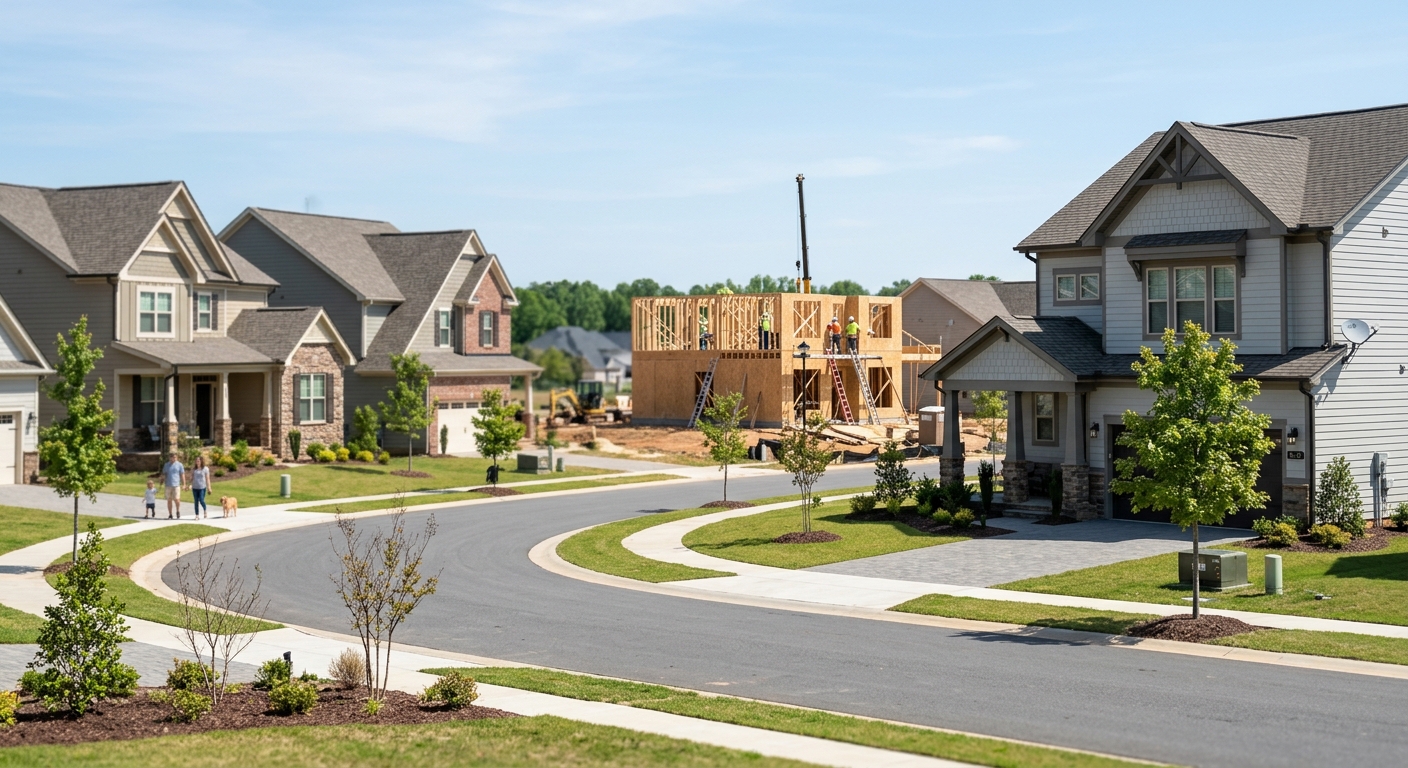 A new suburban subdivision of completed single-family homes, with a house frame under construction in the background.