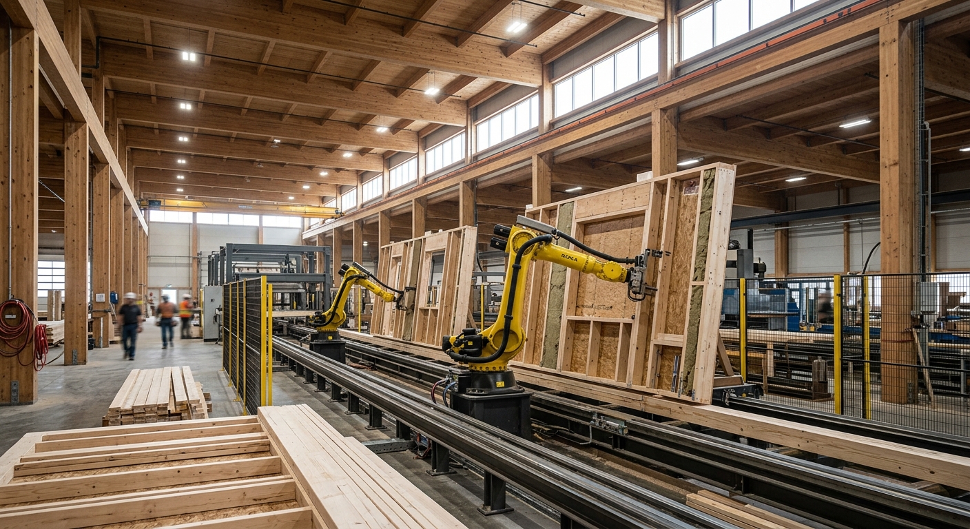 Industrial robotic arms working over large timber wall panels on a factory production line.