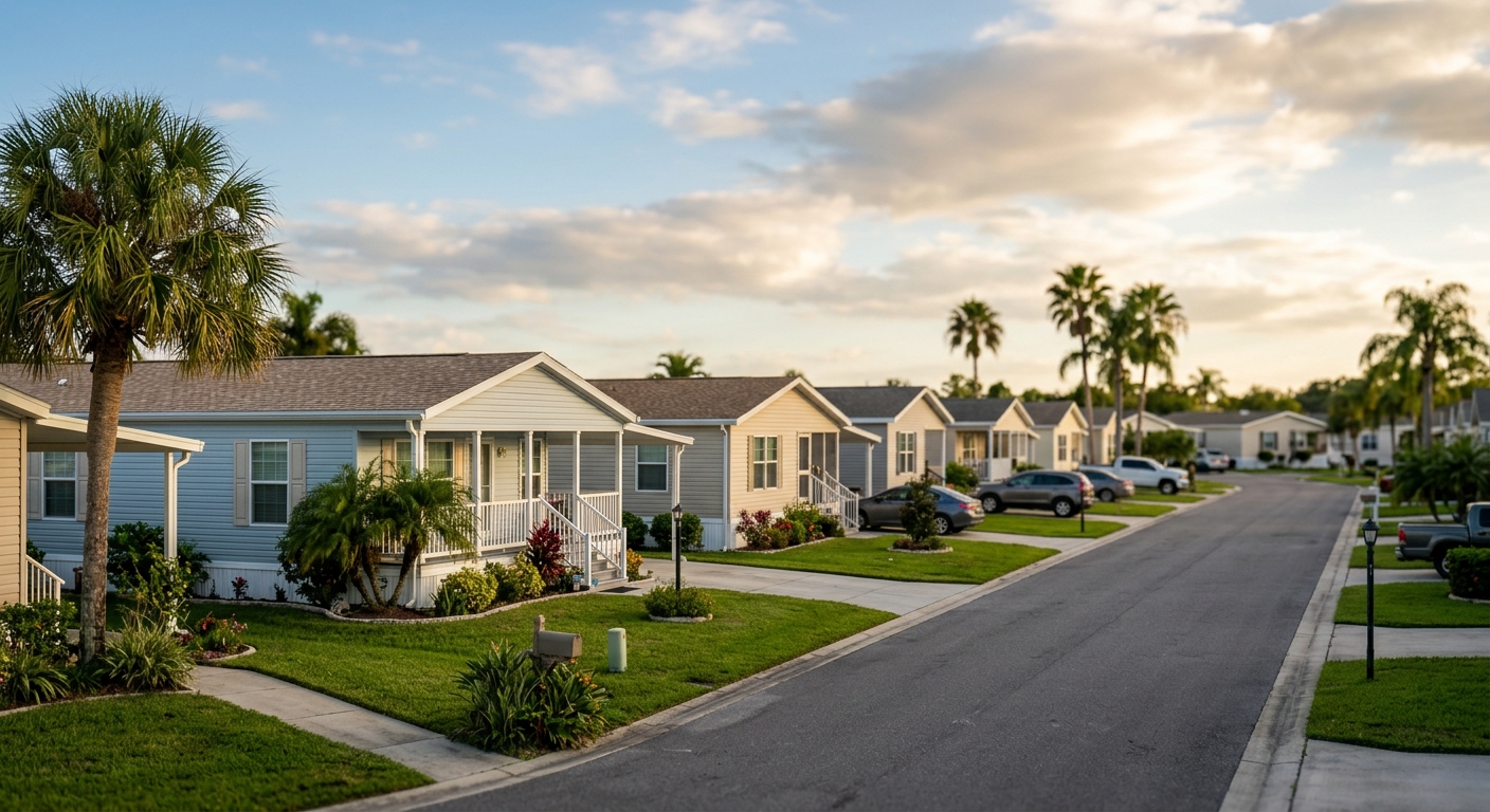 Rows of single-story manufactured homes with small lawns and palm trees in a residential community.