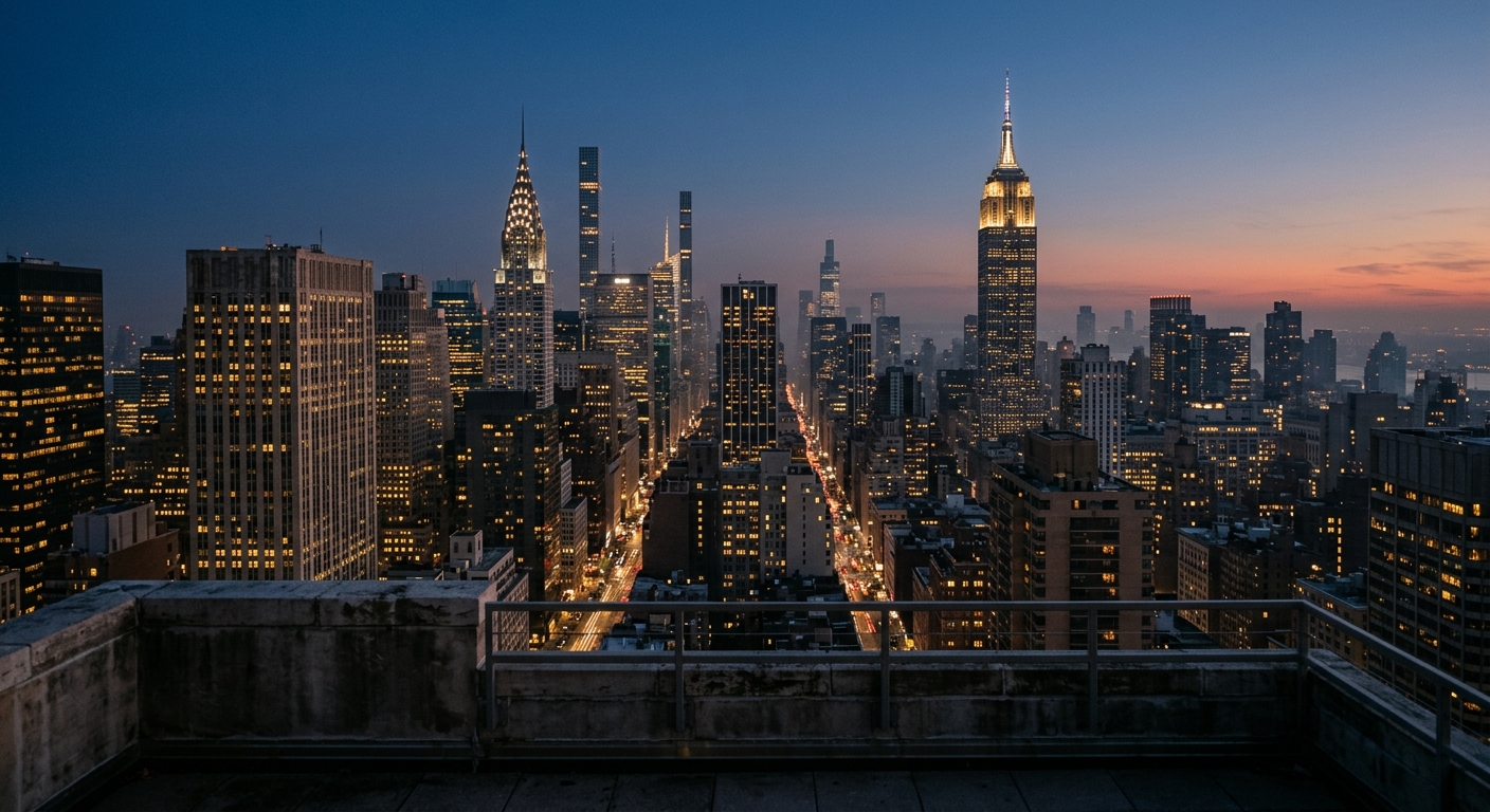 The dense Midtown Manhattan skyline of office towers at dusk, seen from a rooftop with window lights glowing.