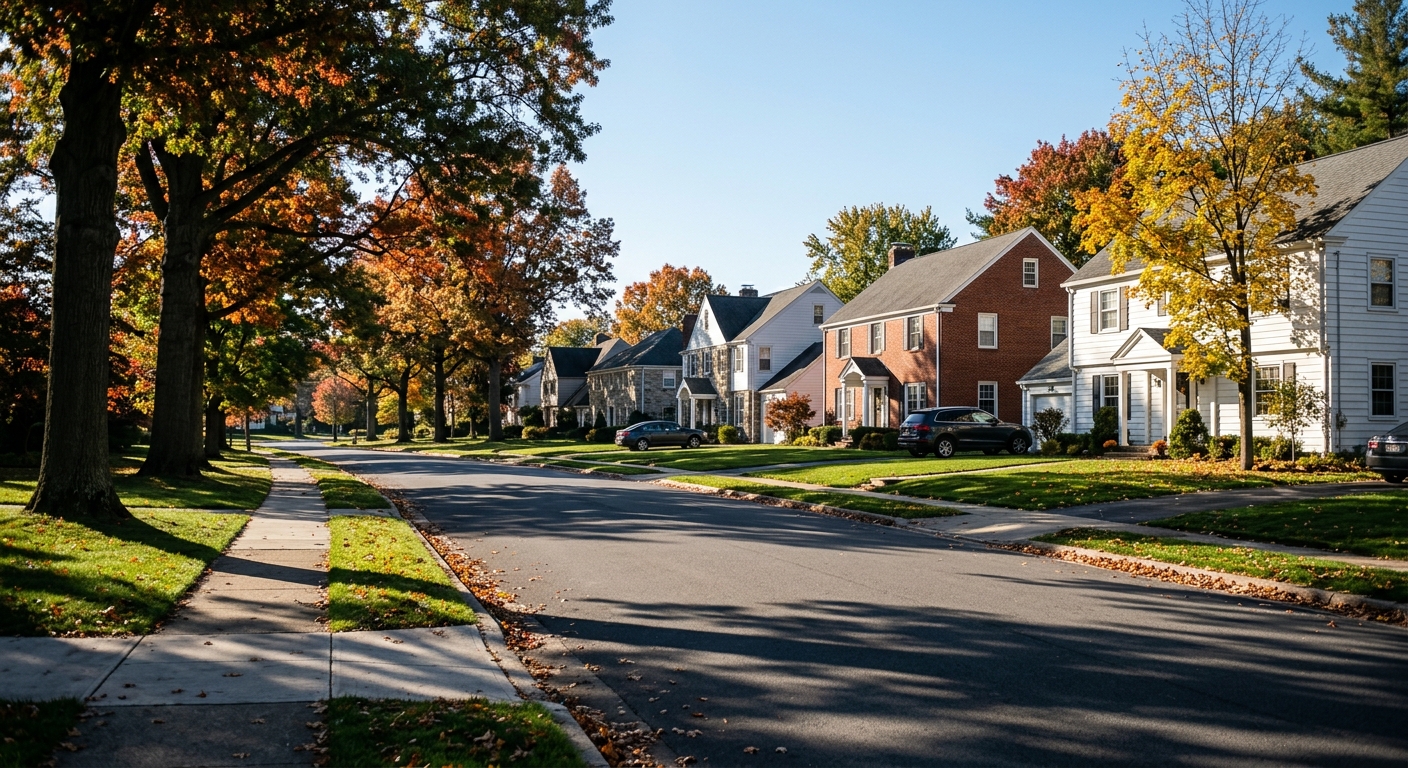 A quiet suburban street lined with two-story single-family homes on an autumn morning.