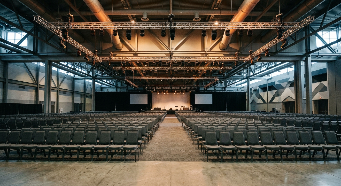 The interior of a large convention hall with rows of empty seats before an event.