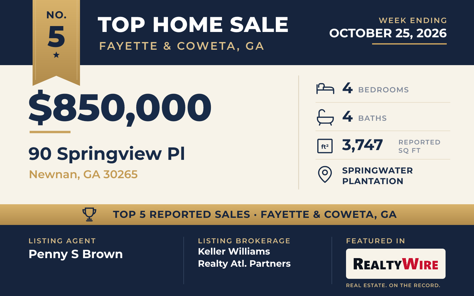 Top home sale No. 5 in Fayette & Coweta, Georgia β 90 Springview Pl, Newnan, Georgia, week ending October 25, 2026