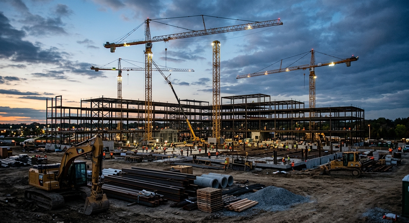 Tower cranes and steel framing rise over a large industrial building under construction at dusk.