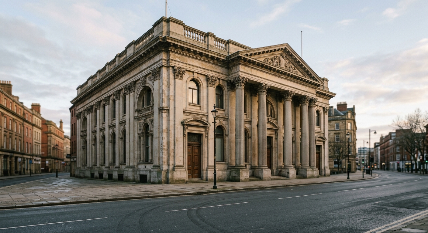 The columned stone facade of a large downtown bank building photographed from across an empty street in morning light.