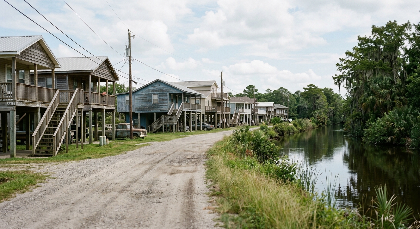 Single-family homes raised on pilings along a quiet residential street near a calm waterway.