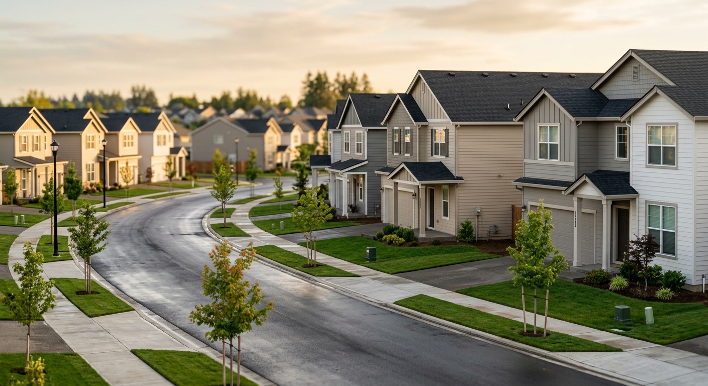A newly built street of identical detached single-family rental houses with small lawns and young trees in late afternoon light.
