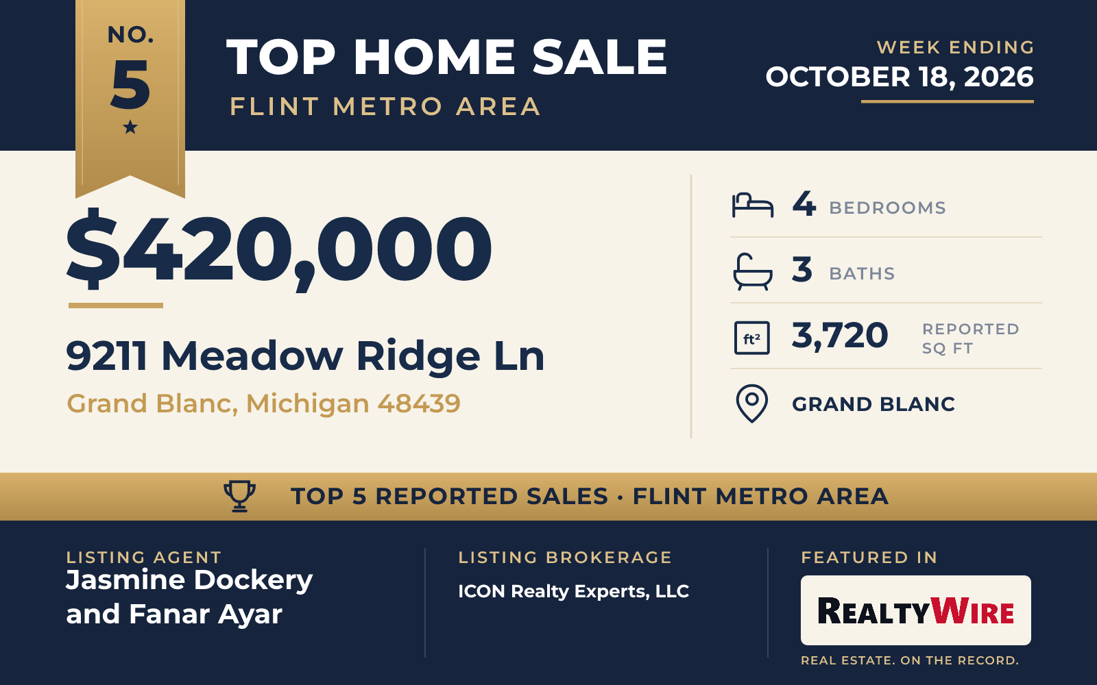 Top home sale No. 5 in the Flint metro area — 9211 Meadow Ridge Ln, Grand Blanc, Michigan, week ending October 18, 2026