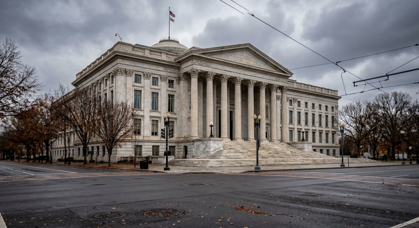 The columned marble facade of a government building in Washington, D.C., seen from across the street on an overcast autumn afternoon.