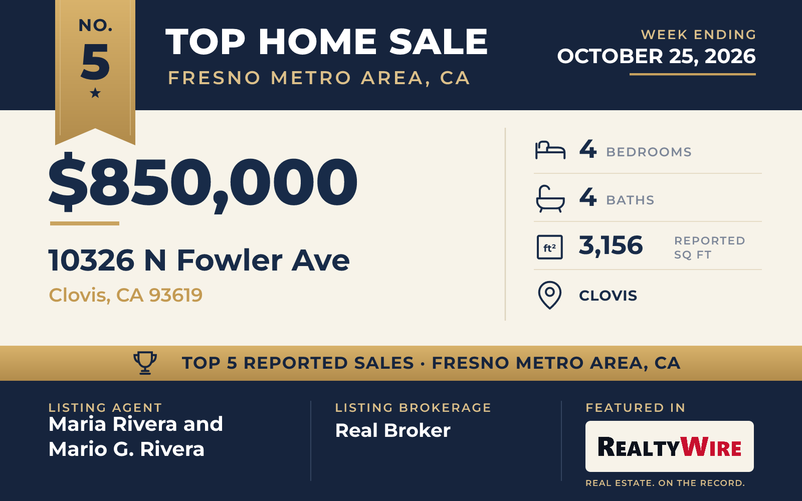 Top home sale No. 5 in Fresno Metro Area, California β 10326 N Fowler Ave, Clovis, California, week ending October 25, 2026