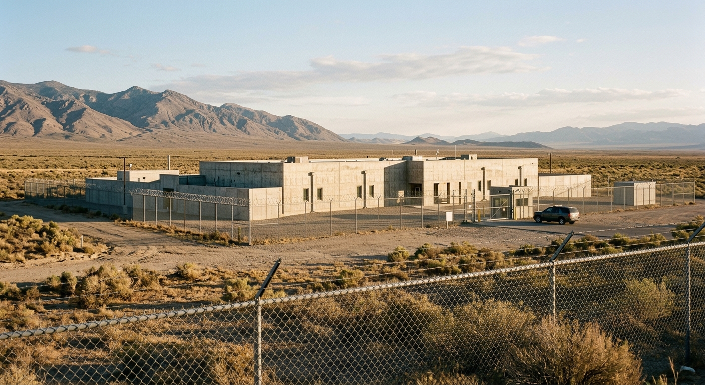 A low-rise secure institutional building behind a perimeter fence in flat high-desert terrain under bright sun.