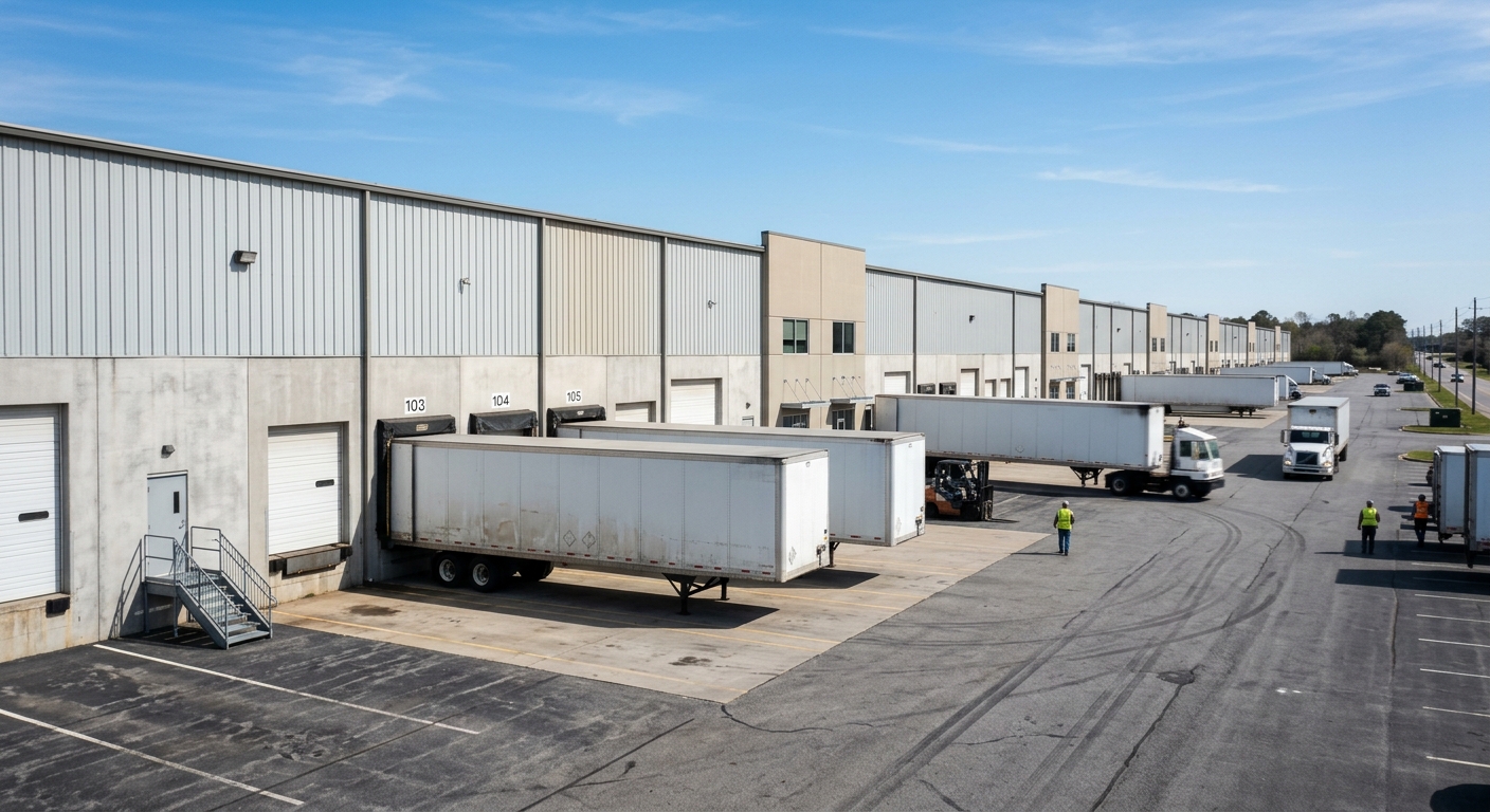 A row of light industrial warehouse buildings with loading docks in a suburban business park.