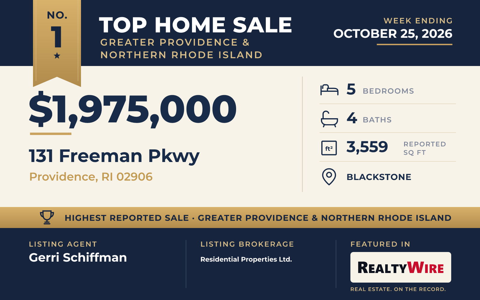 Top home sale No. 1 in Greater Providence & Northern Rhode Island β 131 Freeman Pkwy, Providence, Rhode Island, week ending October 25, 2026