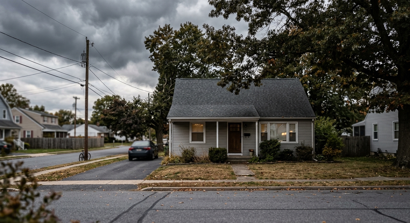 A modest single-story house with mature trees overhanging its roof under gathering grey clouds.