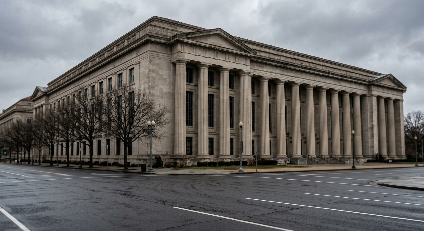 The limestone facade and columns of a large federal government office building in Washington, D.C., under overcast light.