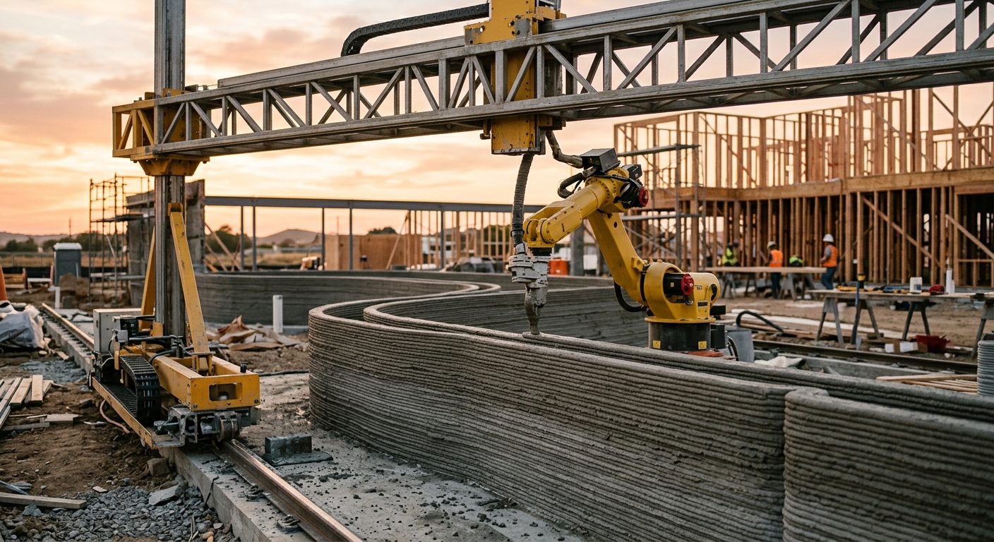 A gantry robot extrudes layers of concrete to form a curved wall on a residential construction site.