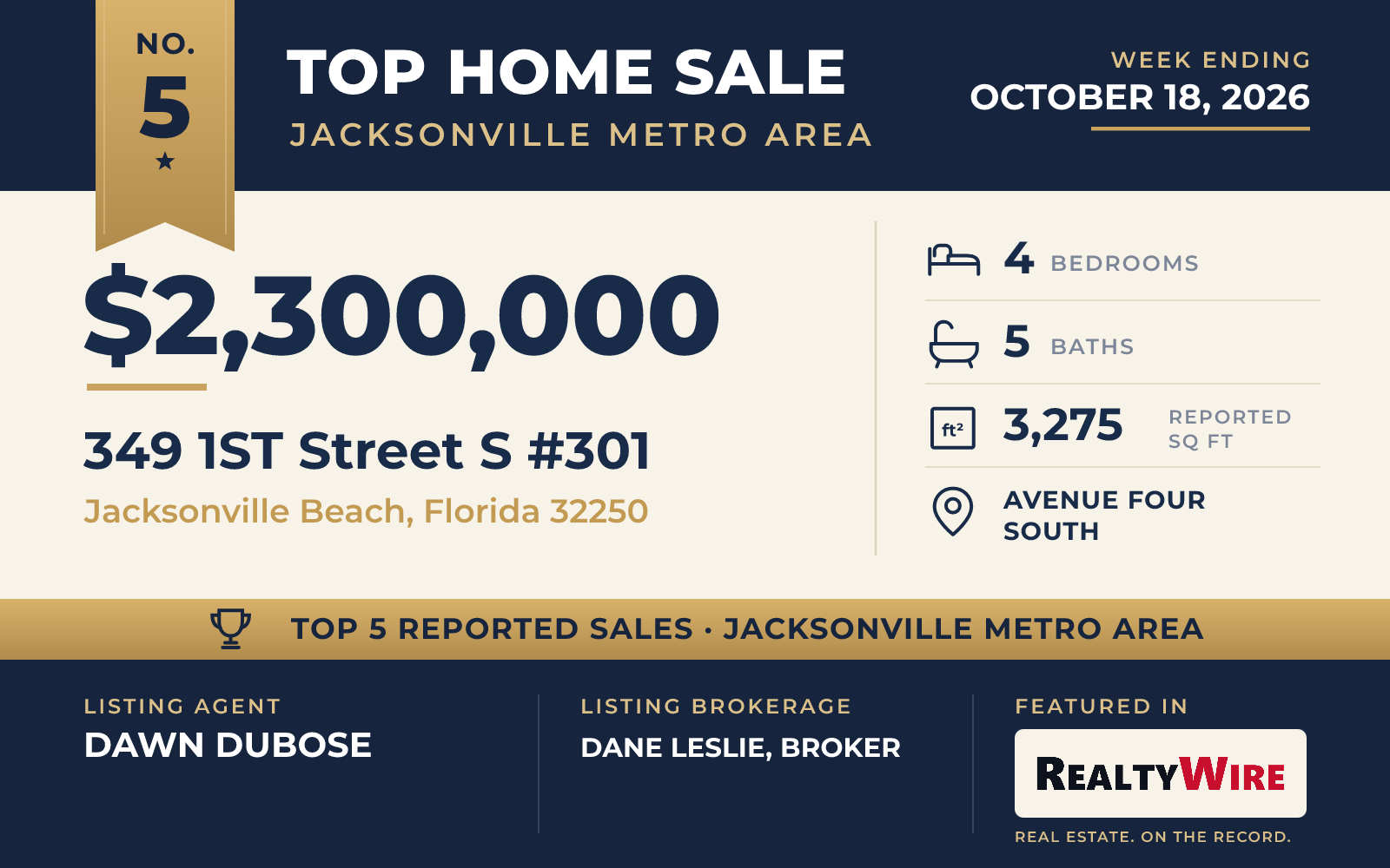 Top home sale No. 5 in the Jacksonville metro area — 349 1st Street S #301, Jacksonville Beach, Florida, week ending October 18, 2026