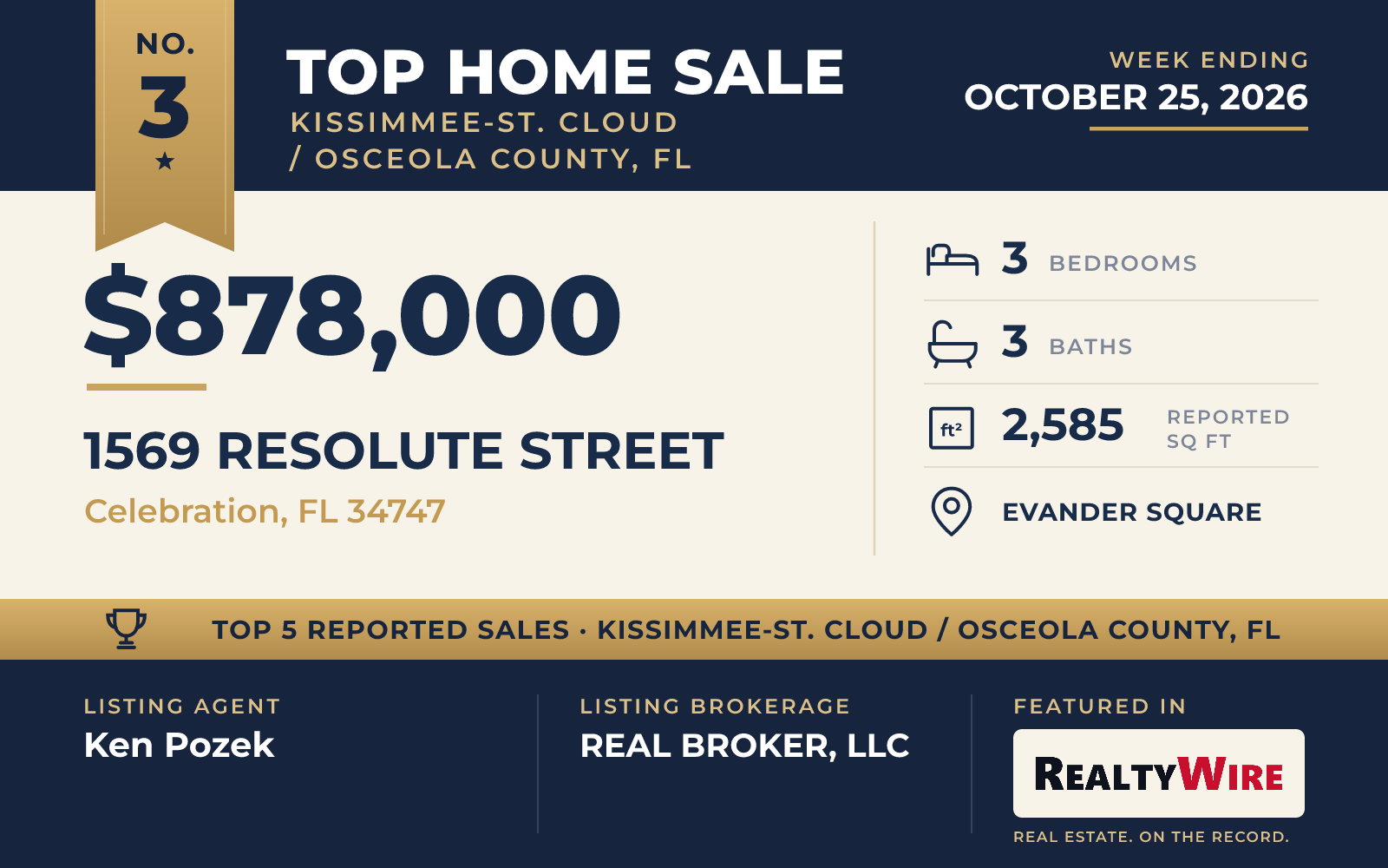 Top home sale No. 3 in Kissimmee-St. Cloud / Osceola County, Florida — 1569 Resolute Street, Celebration, Florida, week ending October 25, 2026