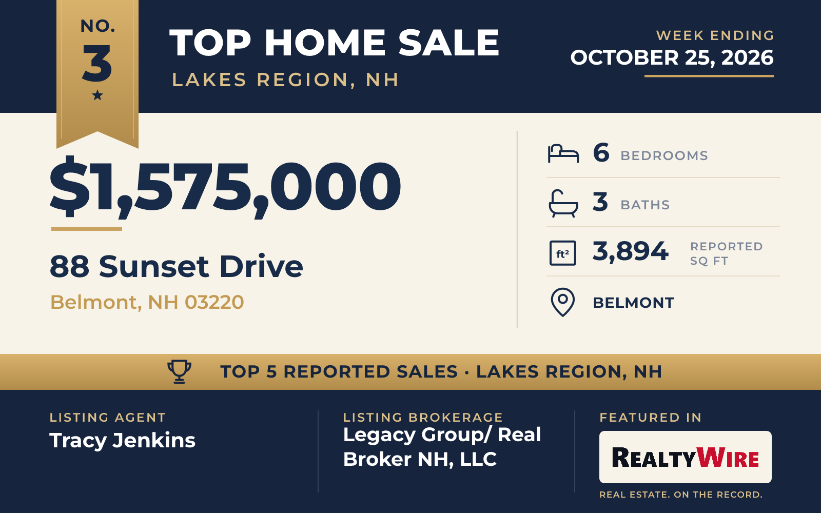 Top home sale No. 3 in Lakes Region, New Hampshire — 88 Sunset Drive, Belmont, New Hampshire, week ending October 25, 2026