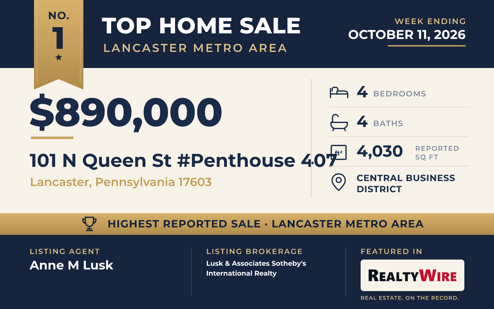 Top home sale No. 1 in the Lancaster metro area — 101 N Queen St #Penthouse 407, Lancaster, Pennsylvania, week ending October 11, 2026