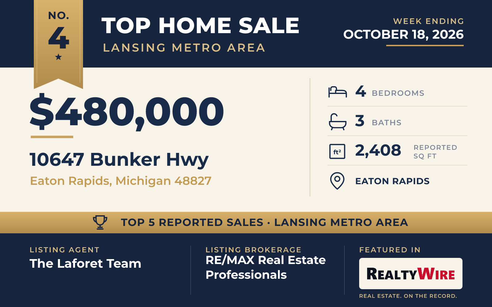 Top home sale No. 4 in the Lansing metro area — 10647 Bunker Hwy, Eaton Rapids, Michigan, week ending October 18, 2026