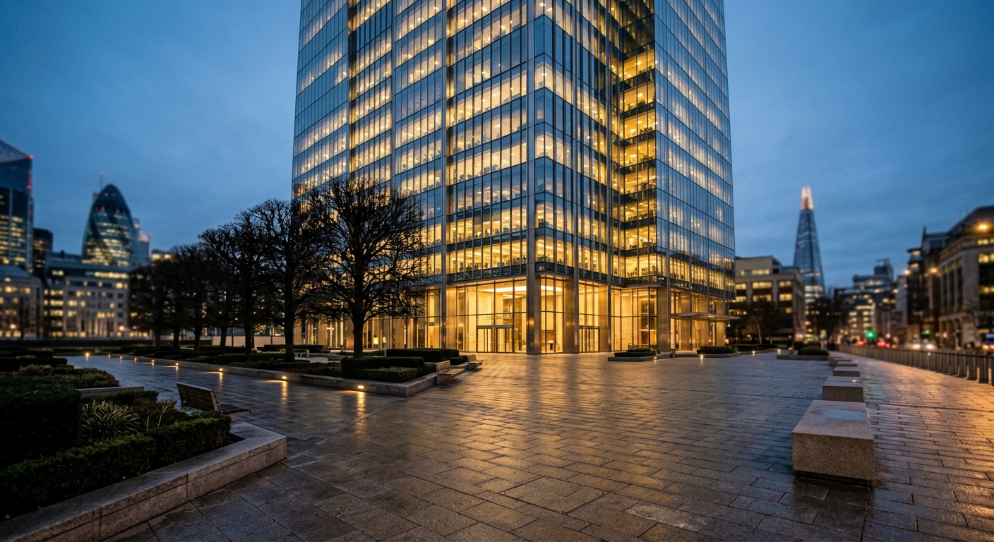 A modern glass office tower lit from within at dusk above an empty plaza.