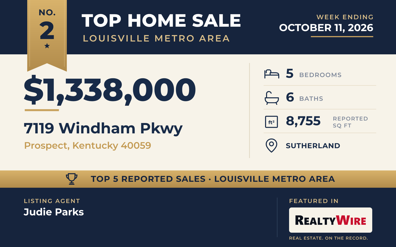 Top home sale No. 2 in the Louisville metro area — 7119 Windham Pkwy, Prospect, Kentucky, week ending October 11, 2026