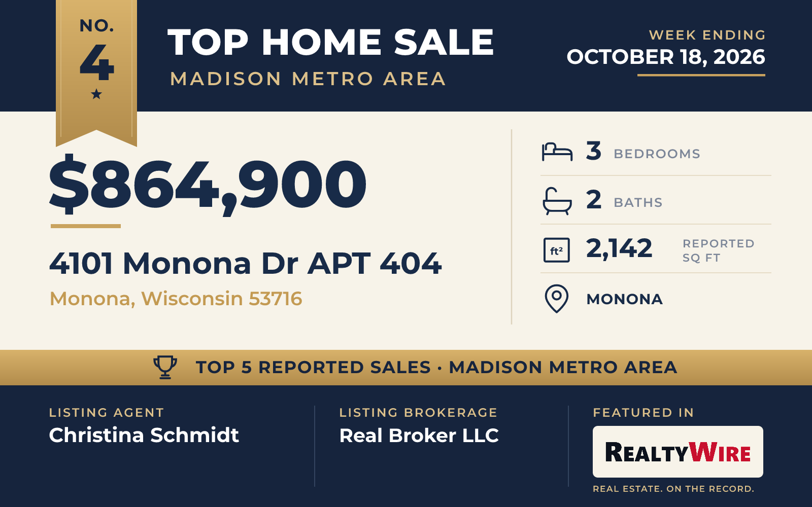 Top home sale No. 4 in the Madison metro area β 4101 Monona Dr Apt 404, Monona, Wisconsin, week ending October 18, 2026