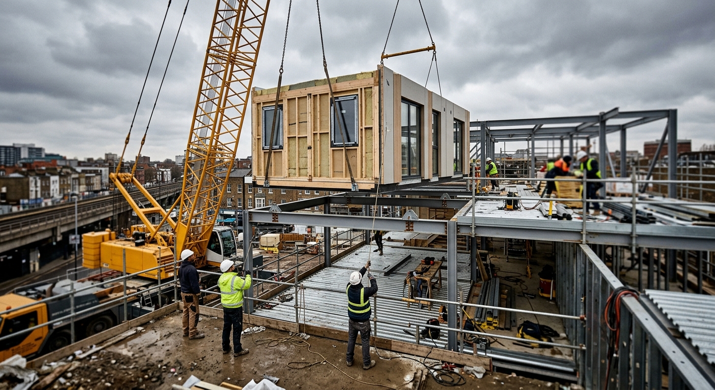 A crane lowers a prefabricated housing module onto the frame of a low-rise apartment building under construction.