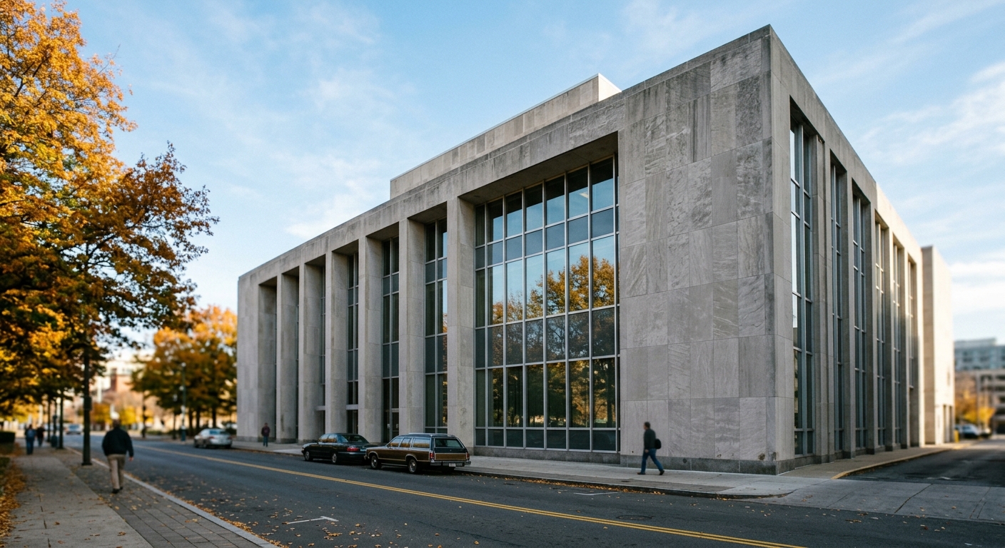 The stone and glass exterior of a downtown bank building photographed from street level on a clear morning.