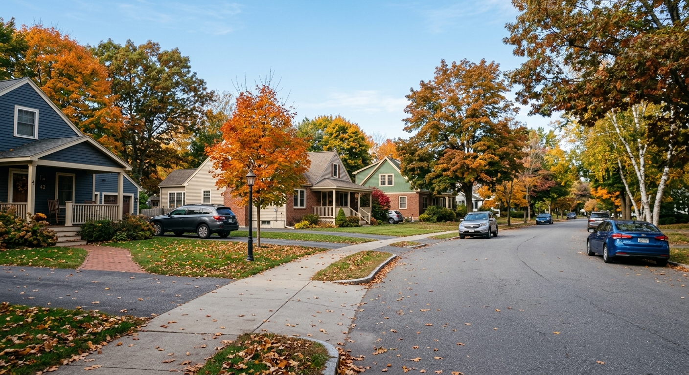 A street of single-family houses in an American suburb on an autumn morning.