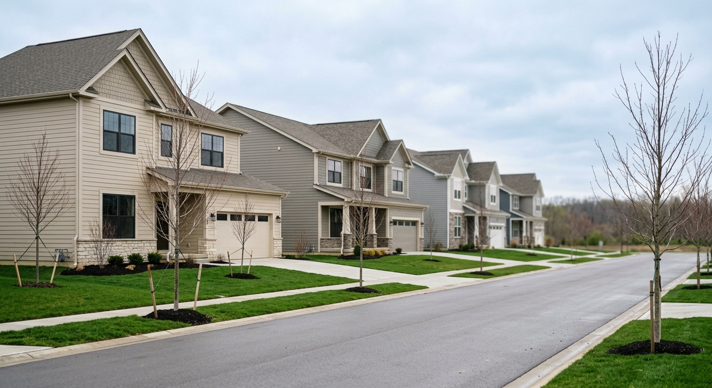 A row of newly built suburban single-family houses with fresh lawns stands empty along a quiet street under overcast light.