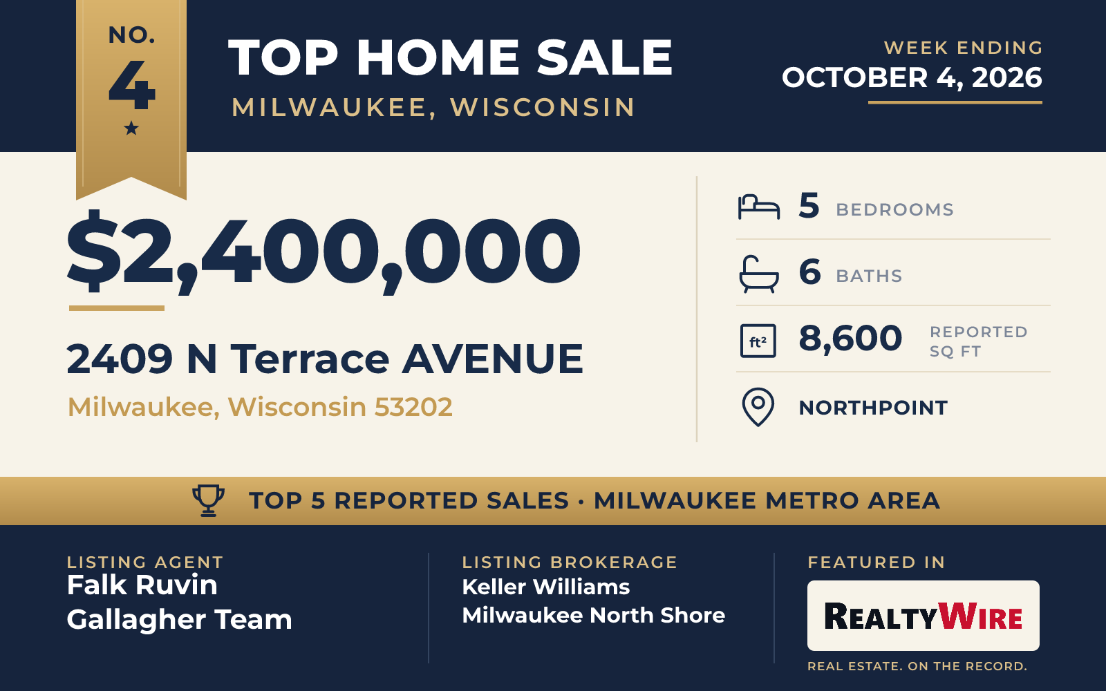 Top home sale No. 4 in the Milwaukee, Wisconsin metro area — 2409 N Terrace Avenue, Milwaukee, Wisconsin, week ending October 4, 2026