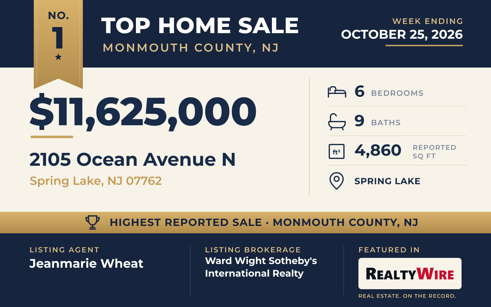 Top home sale No. 1 in Monmouth County (New Jersey) β 2105 Ocean Avenue N, Spring Lake, New Jersey, week ending October 25, 2026