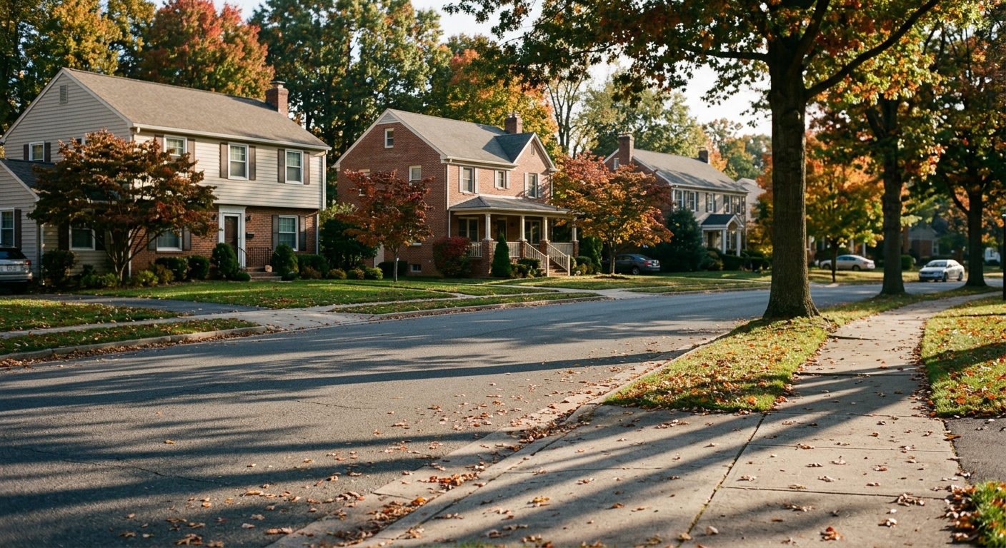 An autumn morning on a suburban American street lined with two-story single-family homes.