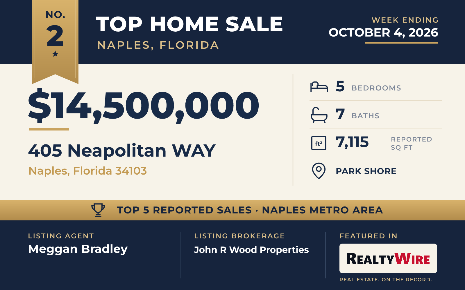Top home sale No. 2 in the Naples, Florida metro area β 405 Neapolitan Way, Naples, Florida, week ending October 4, 2026