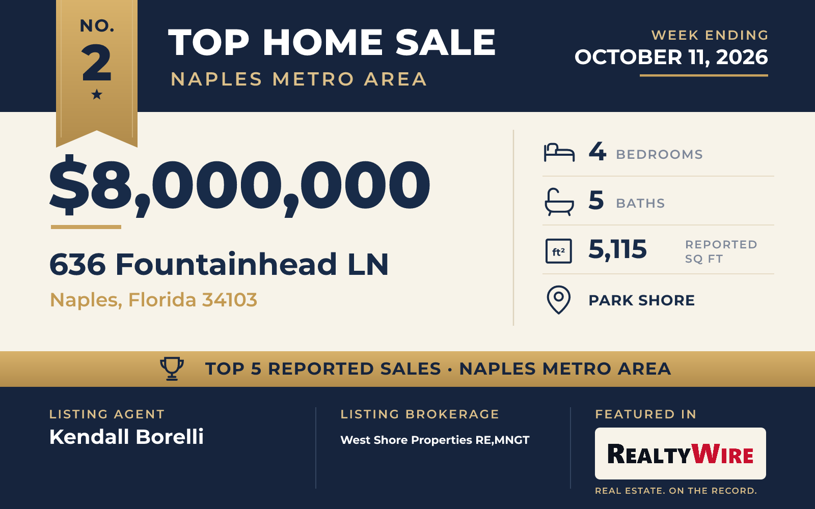 Top home sale No. 2 in the Naples metro area β 636 Fountainhead LN, Naples, Florida, week ending October 11, 2026
