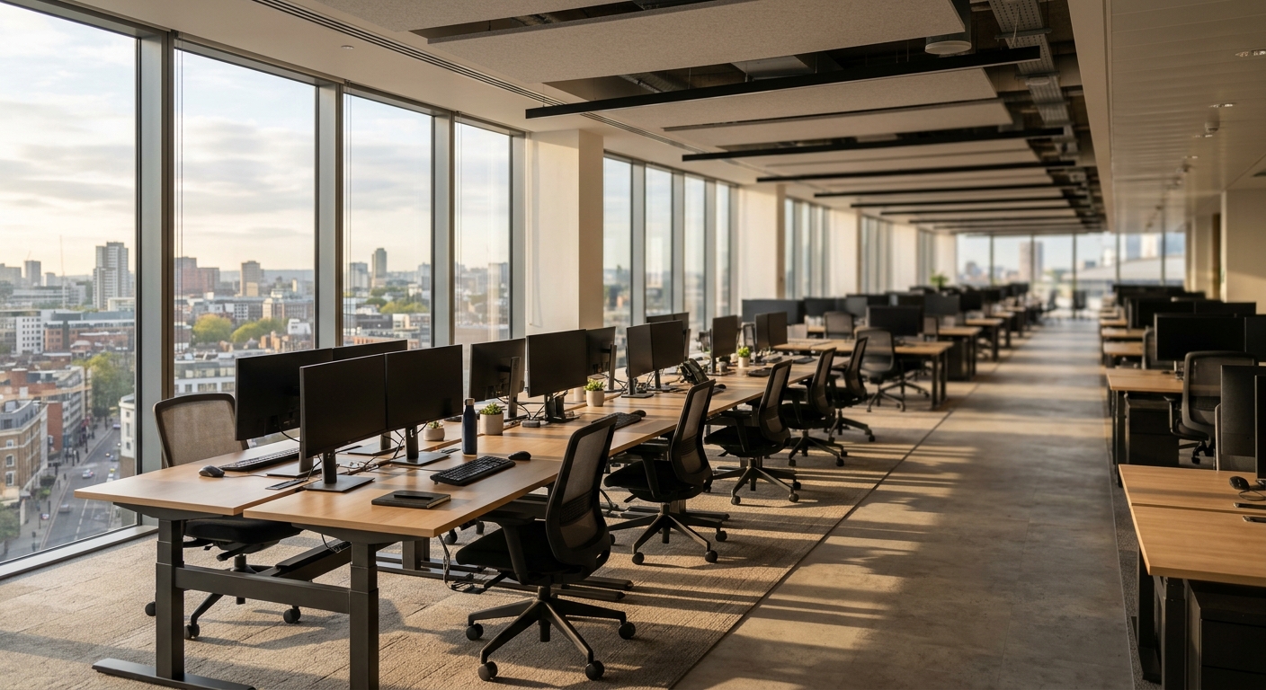 An empty modern open-plan office with rows of desks beside tall windows in soft morning light.