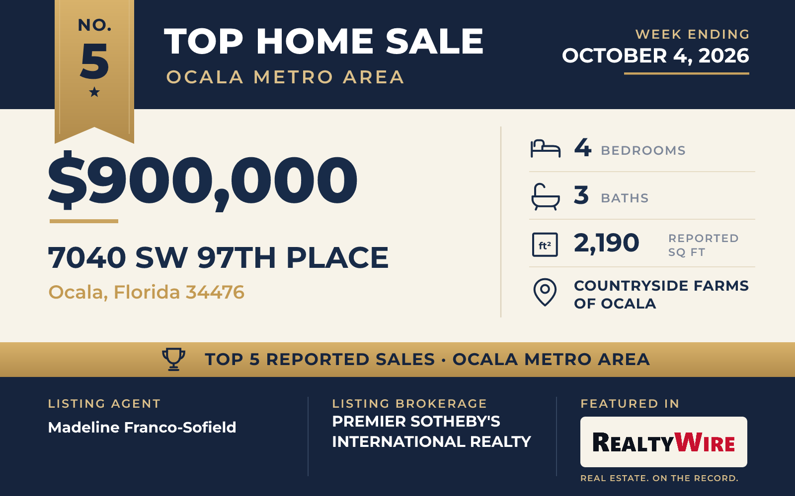 Top home sale No. 5 in the Ocala, Florida metro area — 7040 SW 97th Place, Ocala, Florida, week ending October 4, 2026